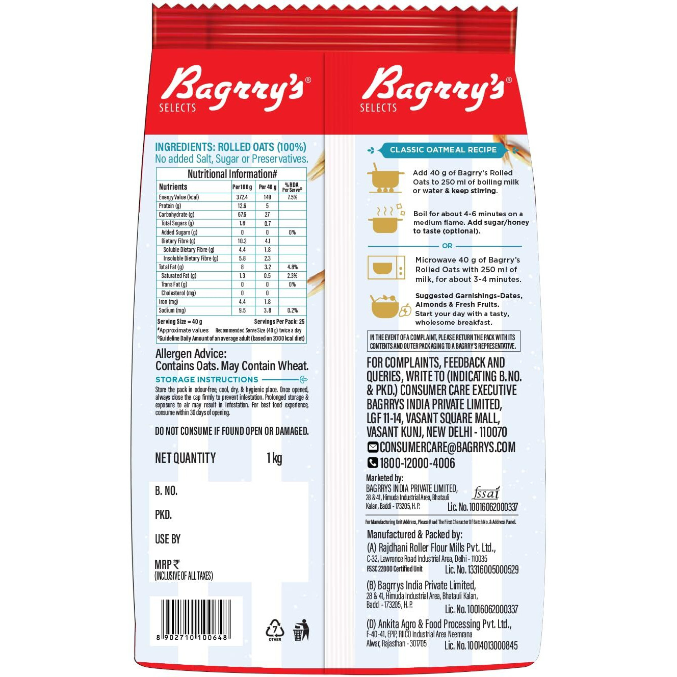 Bagrrys 100% Jumbo Rolled Oats 1kg Pouch | Whole Grain Rolled Oats with High Fibre, Protein | Non GMO | Healthy Food with No Added Sugar | Diet food for Weight Management | Premium Rolled Oats