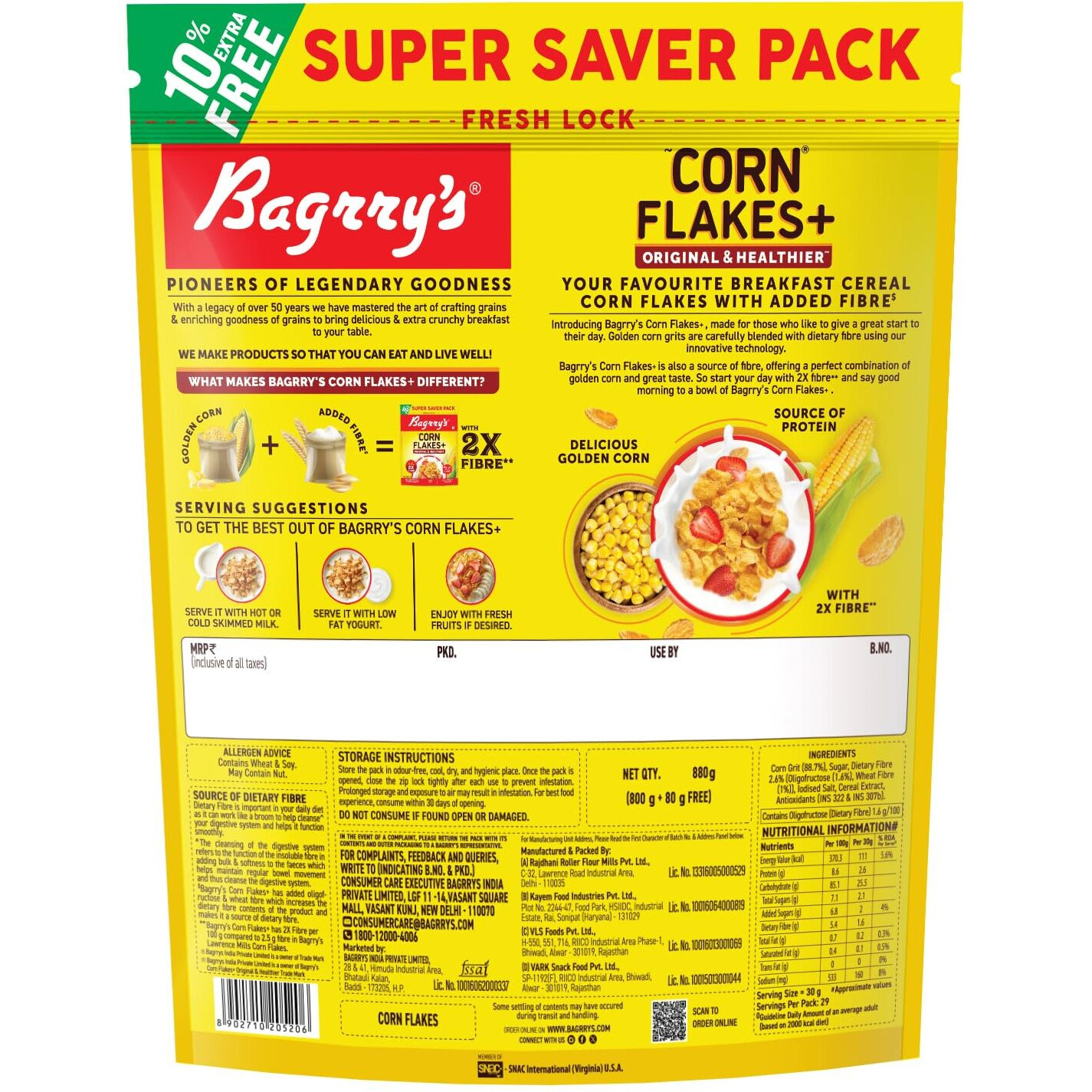 Bagrrys Corn Flakes, 800g (with Extra 80g)