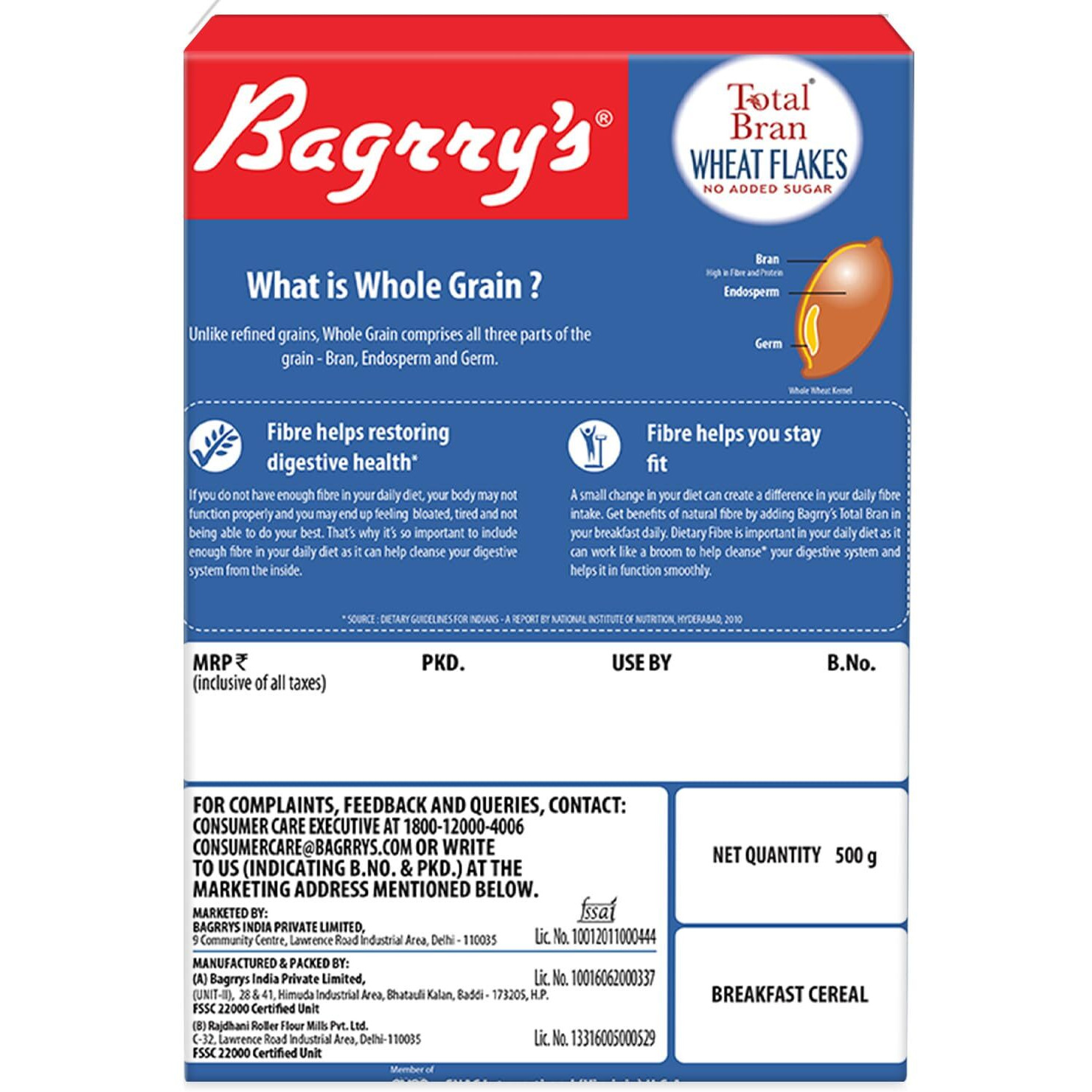 Bagrrys Total Bran Wheat Flakes - No Added Sugar 500gm Box | Premium Sharbati Wheat | High Fibre | Helps Manage Weight | Whole Grain Wheat Flakes