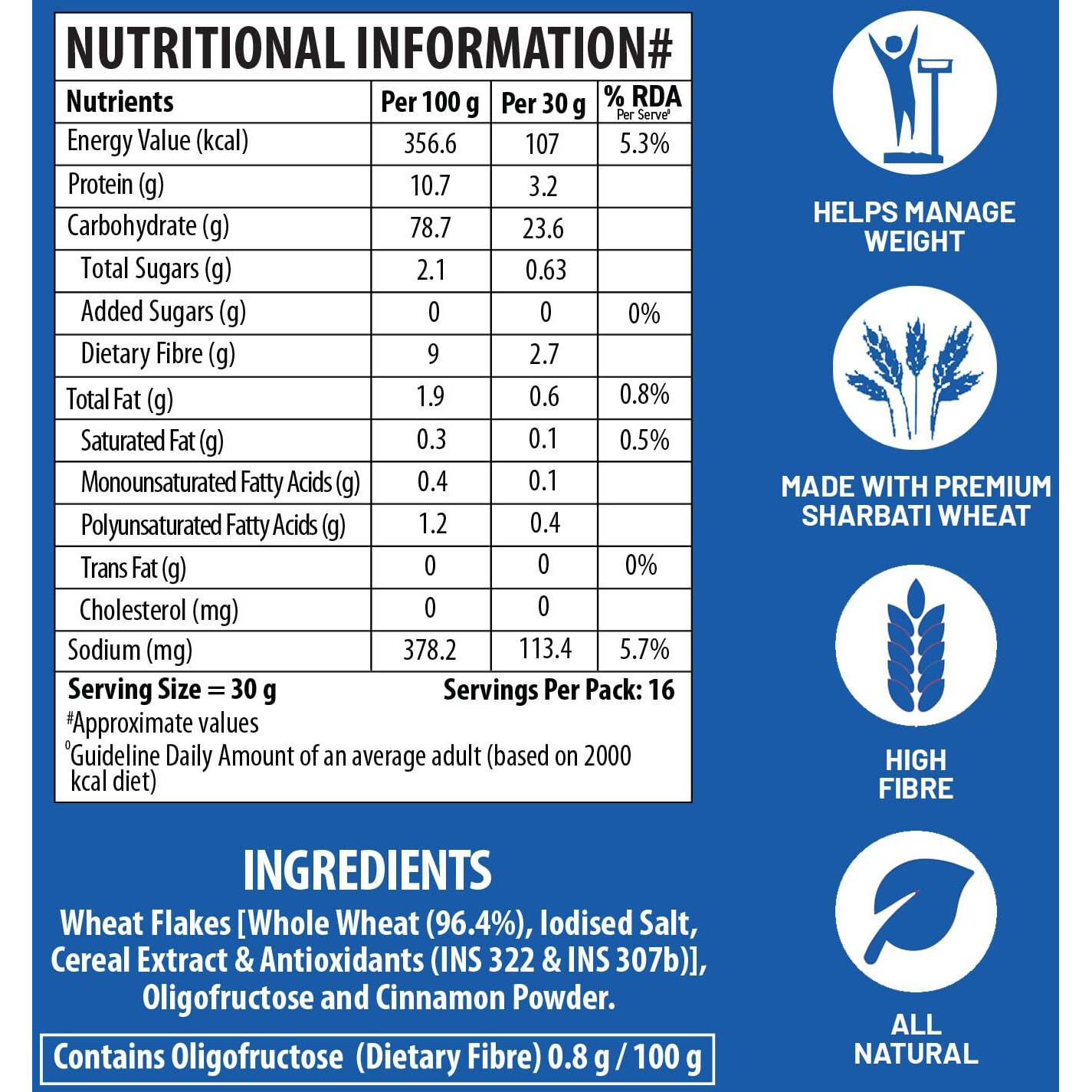 Bagrrys Total Bran Wheat Flakes - No Added Sugar 500gm Box | Premium Sharbati Wheat | High Fibre | Helps Manage Weight | Whole Grain Wheat Flakes