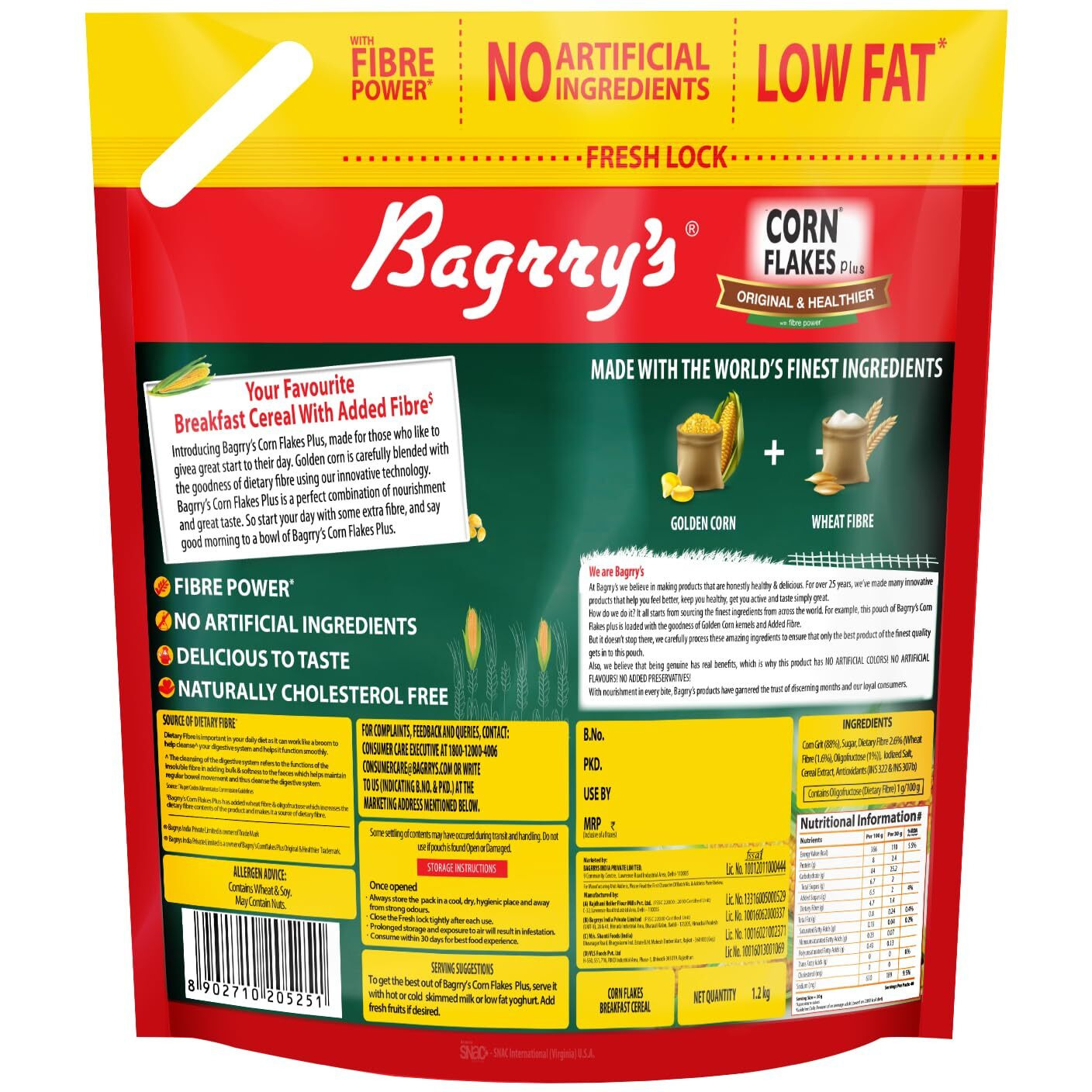 Bagrrys Corn Flakes Plus 1.2kg Pouch | Original and Healthier | Low Fat & Cholesterol | High Fibre | Deliciously Crunchy | All Natural CornFlakes | Breakfast Cereal