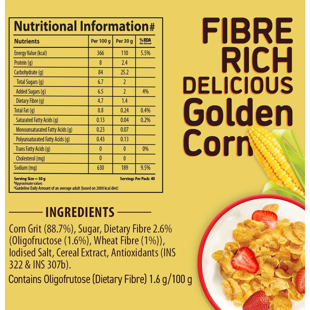 Bagrrys Corn Flakes Plus 1.2kg Pouch | Original and Healthier | Low Fat & Cholesterol | High Fibre | Deliciously Crunchy | All Natural CornFlakes | Breakfast Cereal