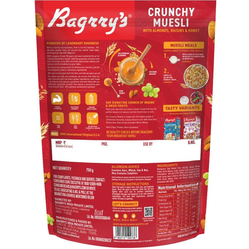 Bagrrys Crunchy Muesli 750gm Pouch| 40% Fibre Rich Oats with Bran | 82% Multi Grains, Almonds, Raisins & Honey | Breakfast Cereal | Natural Muesli