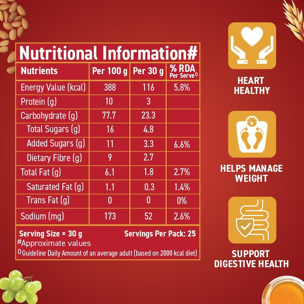 Bagrrys Crunchy Muesli 750gm Pouch| 40% Fibre Rich Oats with Bran | 82% Multi Grains, Almonds, Raisins & Honey | Breakfast Cereal | Natural Muesli