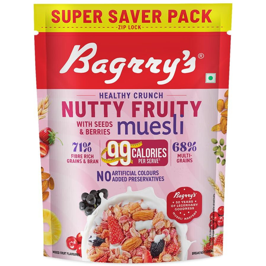 Bagrrys Healthy Crunch Nutty Fruity Muesli with Seeds, Nuts & Berries 1kg Pouch| 78% Fruit, Nuts,Grains & Seeds| No artificial colours