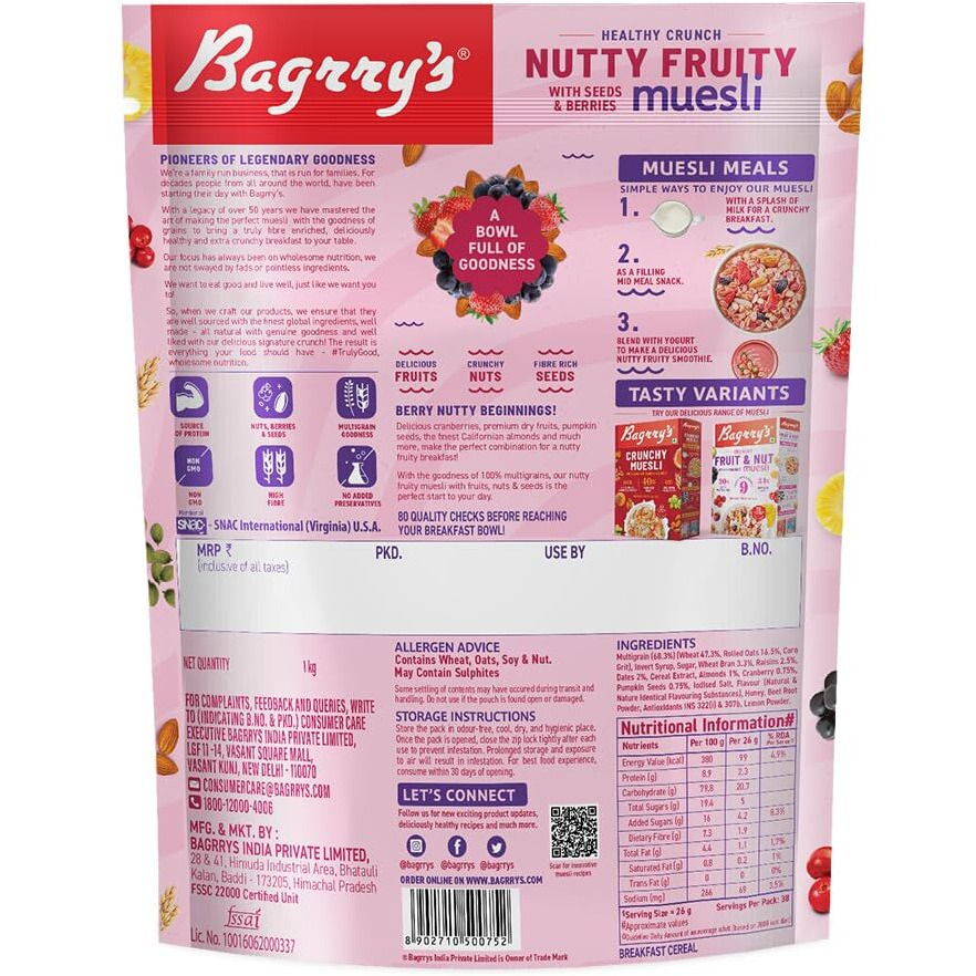 Bagrrys Healthy Crunch Nutty Fruity Muesli with Seeds, Nuts & Berries 1kg Pouch| 78% Fruit, Nuts,Grains & Seeds| No artificial colours