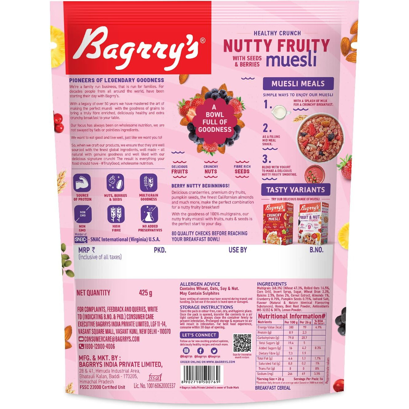 Bagrrys Crunchy Nutty Fruity Muesli with Seed & Berries 425gm Pouch | 89% Fruit, nuts,Grains & Seeds| No artificial Colours