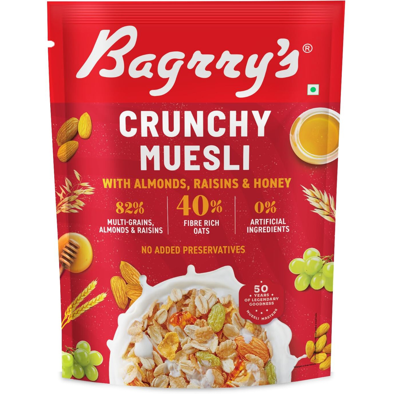 Bagrrys Crunchy Muesli | 40% Fibre Rich Oats with Bran | 82% Multi Grains, Almonds, Raisins & Honey | Breakfast Cereal | Natural Muesli , 400g /425g Pouch (Weight May Vary)