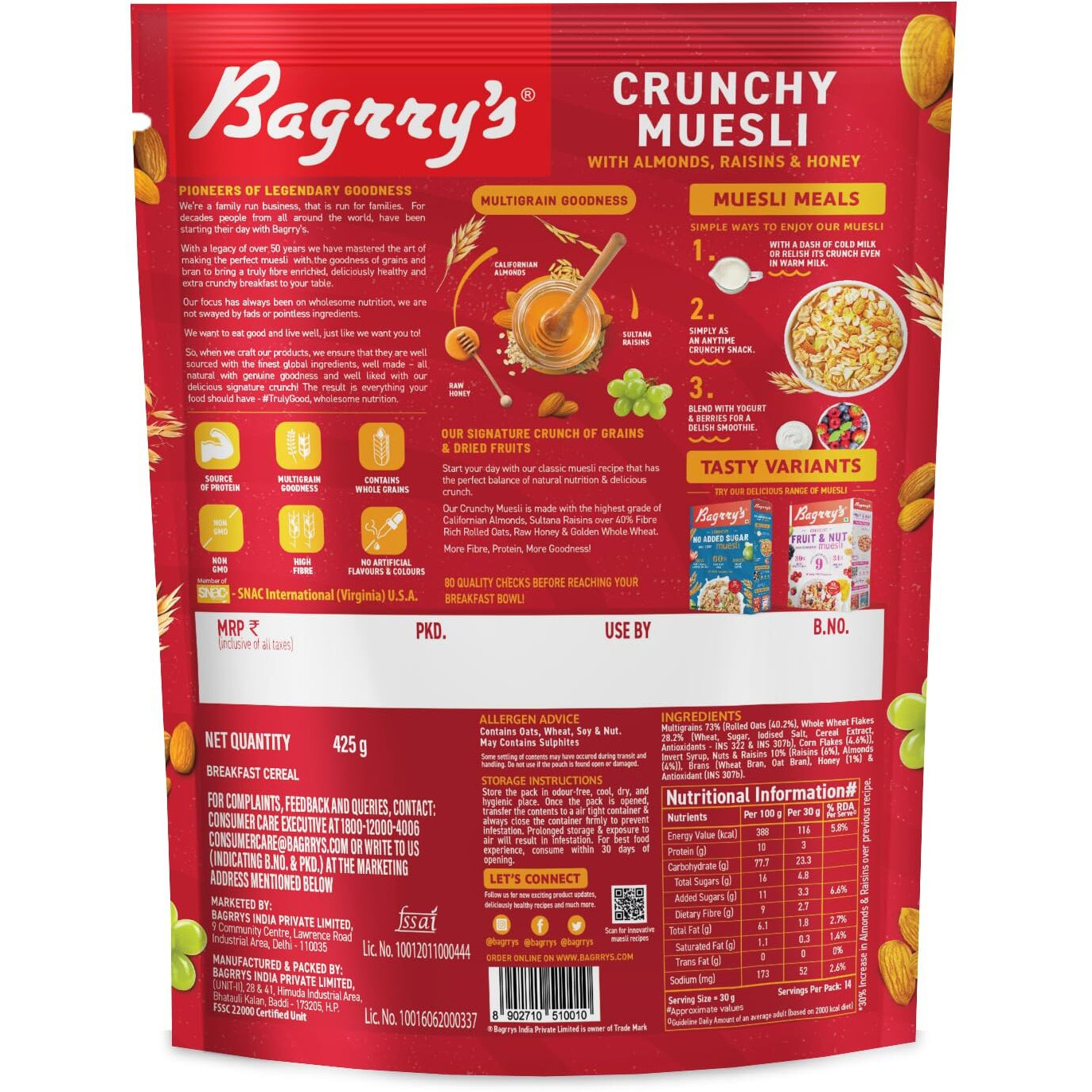 Bagrrys Crunchy Muesli | 40% Fibre Rich Oats with Bran | 82% Multi Grains, Almonds, Raisins & Honey | Breakfast Cereal | Natural Muesli , 400g /425g Pouch (Weight May Vary)