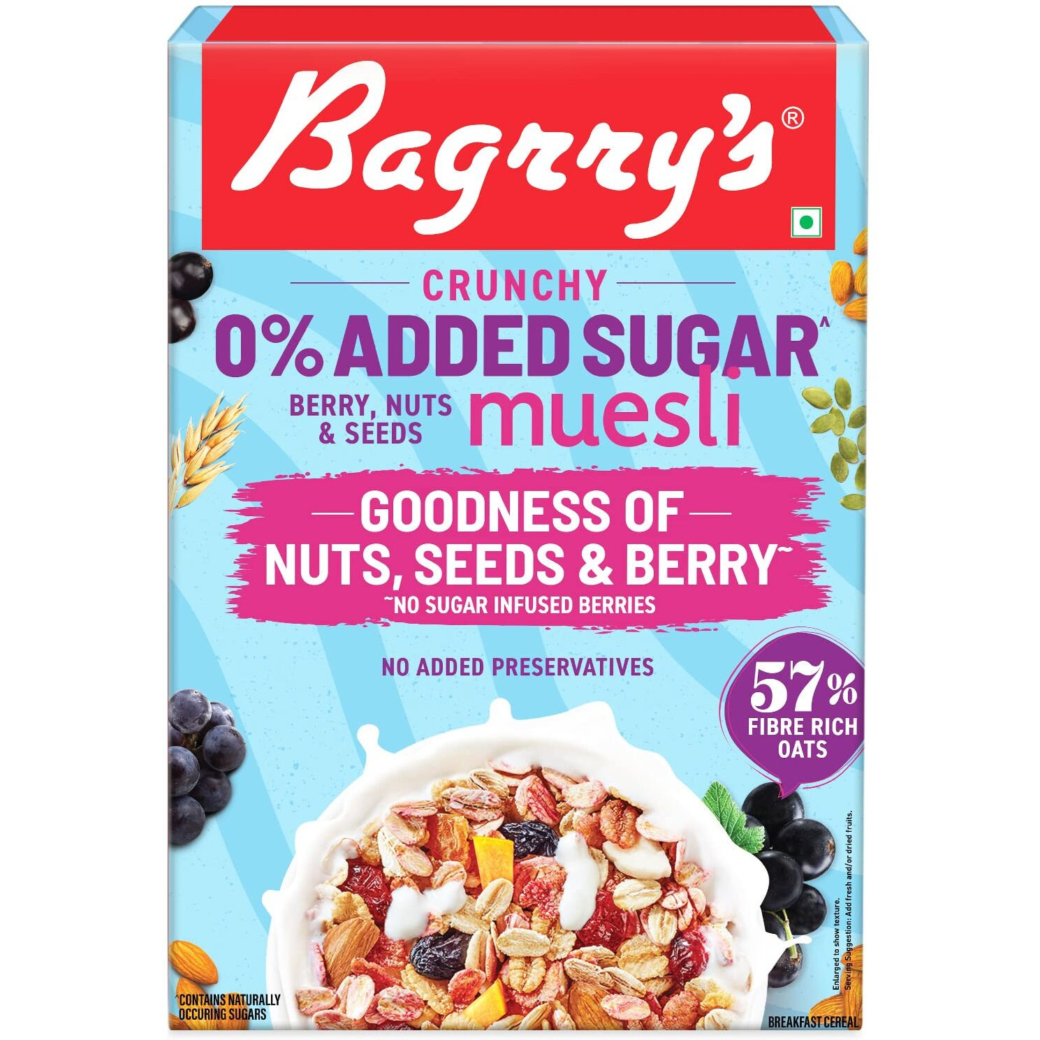 Bagrrys 0% Added Sugar Muesli  Berry, Nuts & Seeds 500g | Whole Grain Breakfast Cereal | Helps Manage Weight |0% Added Sugar| No Sugar infused berries| No Added Preservatives