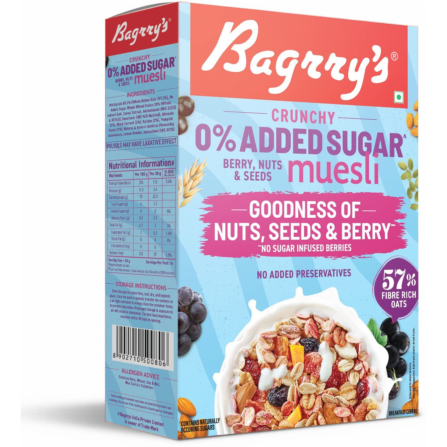 Bagrrys 0% Added Sugar Muesli  Berry, Nuts & Seeds 500g | Whole Grain Breakfast Cereal | Helps Manage Weight |0% Added Sugar| No Sugar infused berries| No Added Preservatives