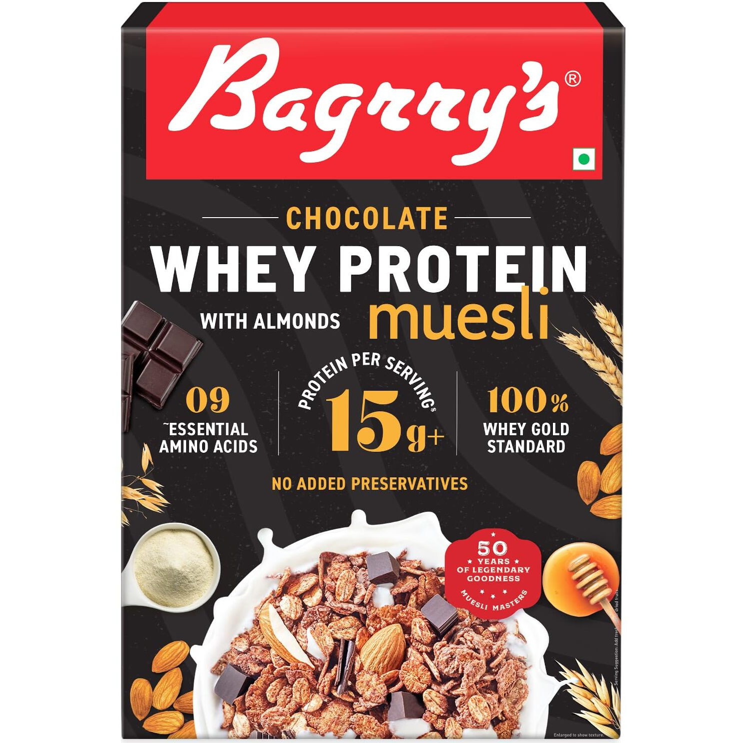 Bagrrys Whey Protein Muesli 500gm Box |15gm Protein Per Serve |Chocolate Flavour|Whole Oats & Californian Almonds|Breakfast Cereal|Protein Rich|Premium American Whey Muesli