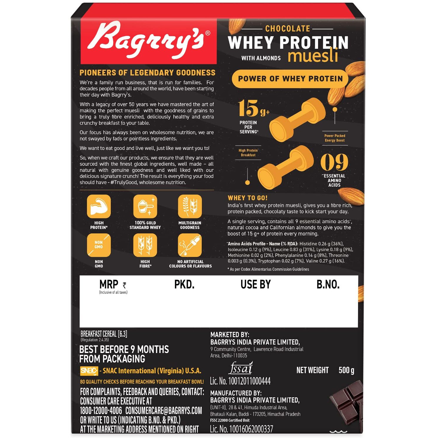 Bagrrys Whey Protein Muesli 500gm Box |15gm Protein Per Serve |Chocolate Flavour|Whole Oats & Californian Almonds|Breakfast Cereal|Protein Rich|Premium American Whey Muesli