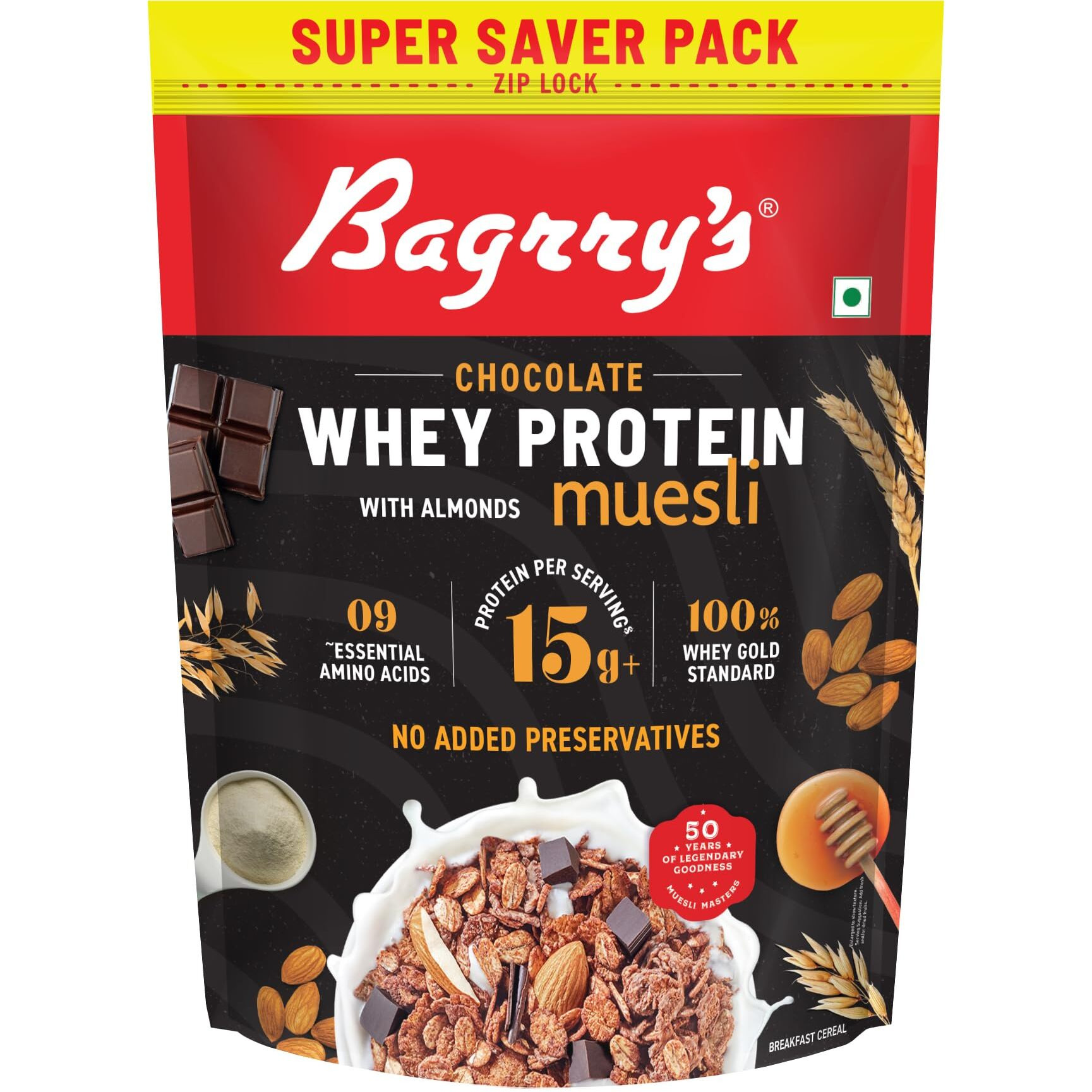 Bagrrys Whey Protein Muesli 750gm Pouch |15gm Protein Per Serve |Chocolate Flavour|Whole Oats & Californian Almonds|Breakfast Cereal|Protein Rich|Premium American Whey Muesli