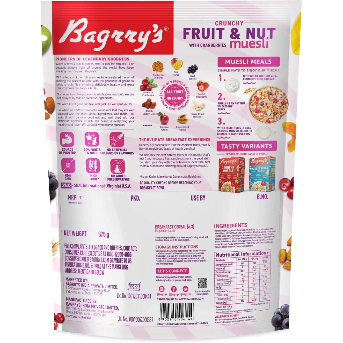 Bagrrys Crunchy Muesli With 30% Fruit & Nut Cranberries 375gm Pouch |34% Fibre Rich Oats|No Sugar infused Fruits|Real Fruits|Breakfast Cereal|Protein Rich|Cranberry Muesli