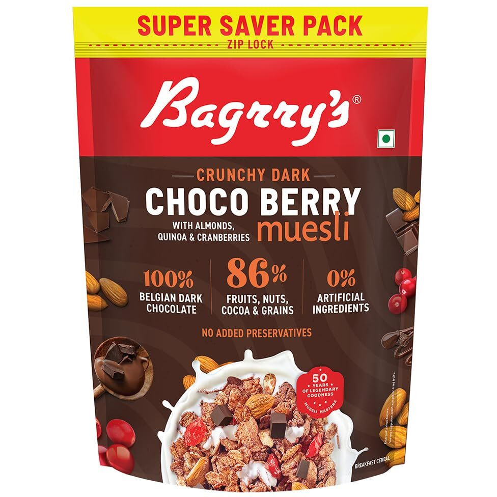 Bagrrys Choco Berry Muesli, 750gm, Chocolate Muesli with Almond, Quinoa, Cranberries |100% Belgian Dark Chocolate Muesli| 0% Artificial Ingredients Chocolate Muesli | 86% Fruits, Nuts & Grains Chocolate Muesli