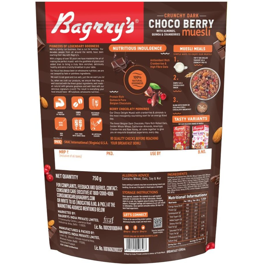 Bagrrys Choco Berry Muesli, 750gm, Chocolate Muesli with Almond, Quinoa, Cranberries |100% Belgian Dark Chocolate Muesli| 0% Artificial Ingredients Chocolate Muesli | 86% Fruits, Nuts & Grains Chocolate Muesli