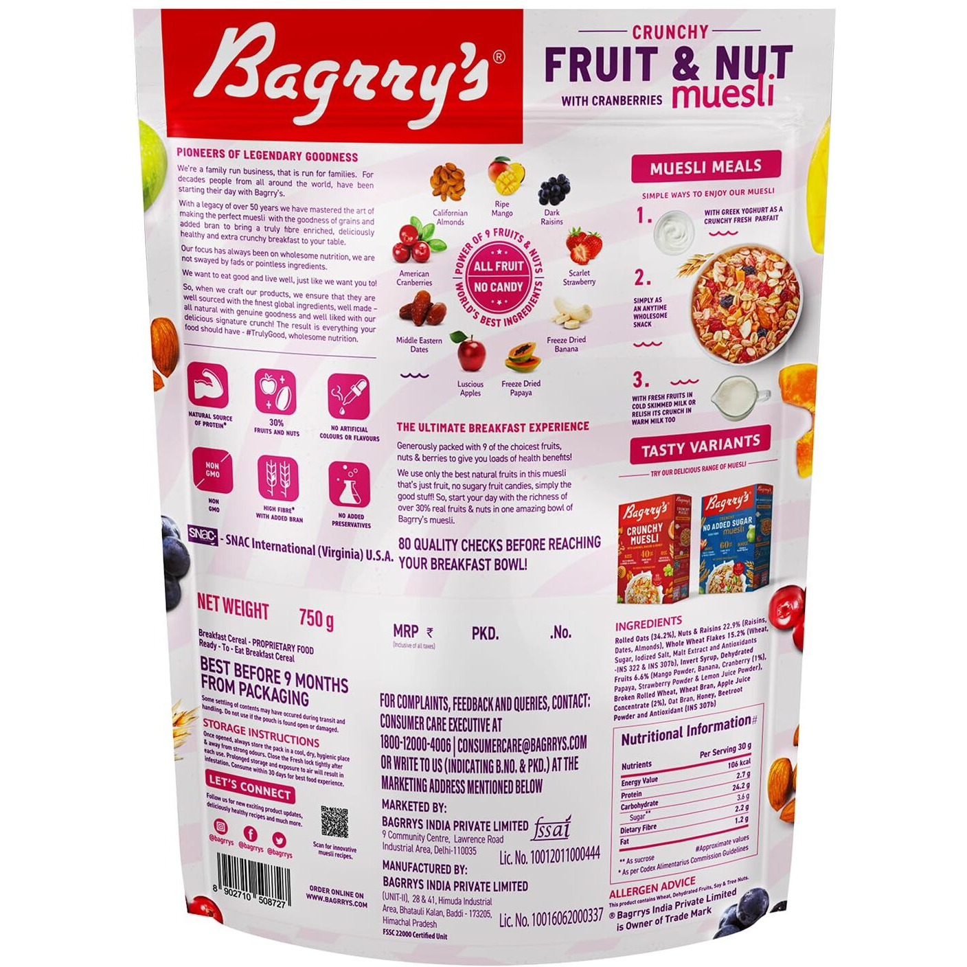 Bagrrys Crunchy Muesli With 30% Fruit & Nut Cranberries 750gm Pouch |34% Fibre Rich Oats|No Sugar Infused Fruits|Real Fruits|Breakfast Cereal|Protein Rich|Cranberry Muesli
