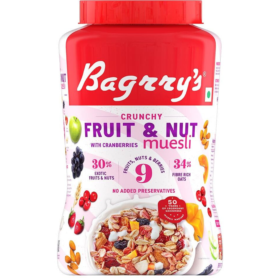 Bagrrys Crunchy Muesli With 30% Fruit & Nut Cranberries 1kg Jar|34% Fibre Rich Oats|No Sugar Infused Fruits|Real Fruits|Breakfast Cereal|Protein Rich|Cranberry Muesli