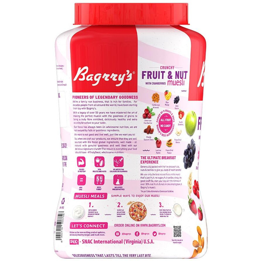 Bagrrys Crunchy Muesli With 30% Fruit & Nut Cranberries 1kg Jar|34% Fibre Rich Oats|No Sugar Infused Fruits|Real Fruits|Breakfast Cereal|Protein Rich|Cranberry Muesli