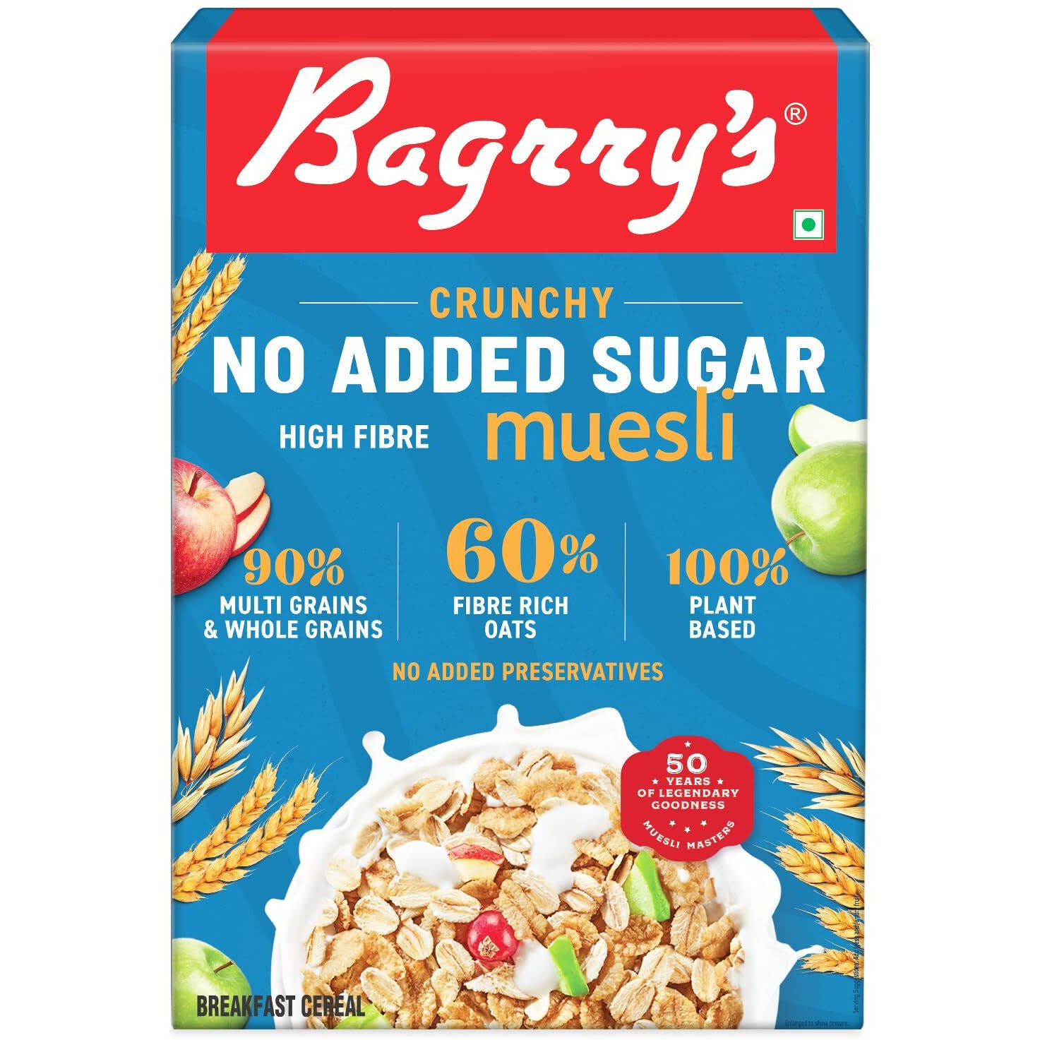 Bagrrys Crunchy Muesli No Added Sugar 0% 500g Box|90% Multi Grains|60% Fibre Rich Oats with Bran|Whole Grain Breakfast Cereal|Helps Manage Weight|0% Added Sugar|Vegan and Plant Based Muesli