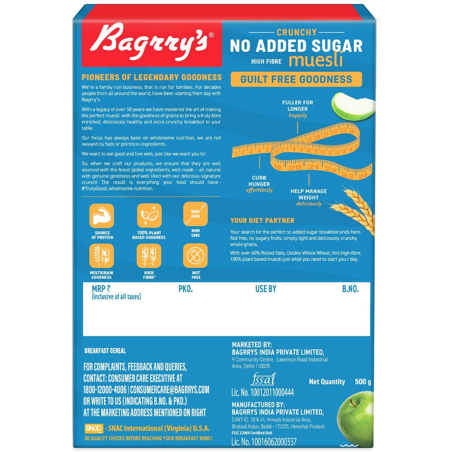 Bagrrys Crunchy Muesli No Added Sugar 0% 500g Box|90% Multi Grains|60% Fibre Rich Oats with Bran|Whole Grain Breakfast Cereal|Helps Manage Weight|0% Added Sugar|Vegan and Plant Based Muesli