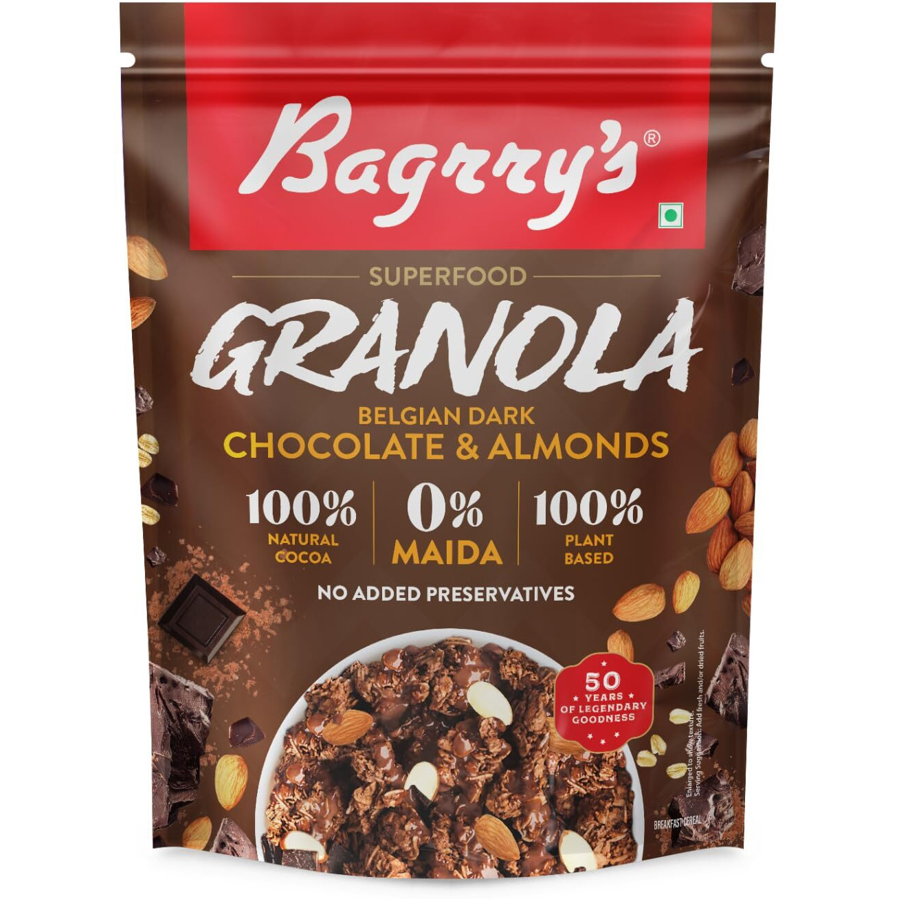 Bagrrys Superfood Granola Belgian Dark Chocolate & Almonds 400gm Pouch|40% Oats & Quinoa Flakes| 100% Natural Cocoa|Vegan & Plant Based|High in Fibre & Protein|Breakfast Cereal|Crunchy Granola