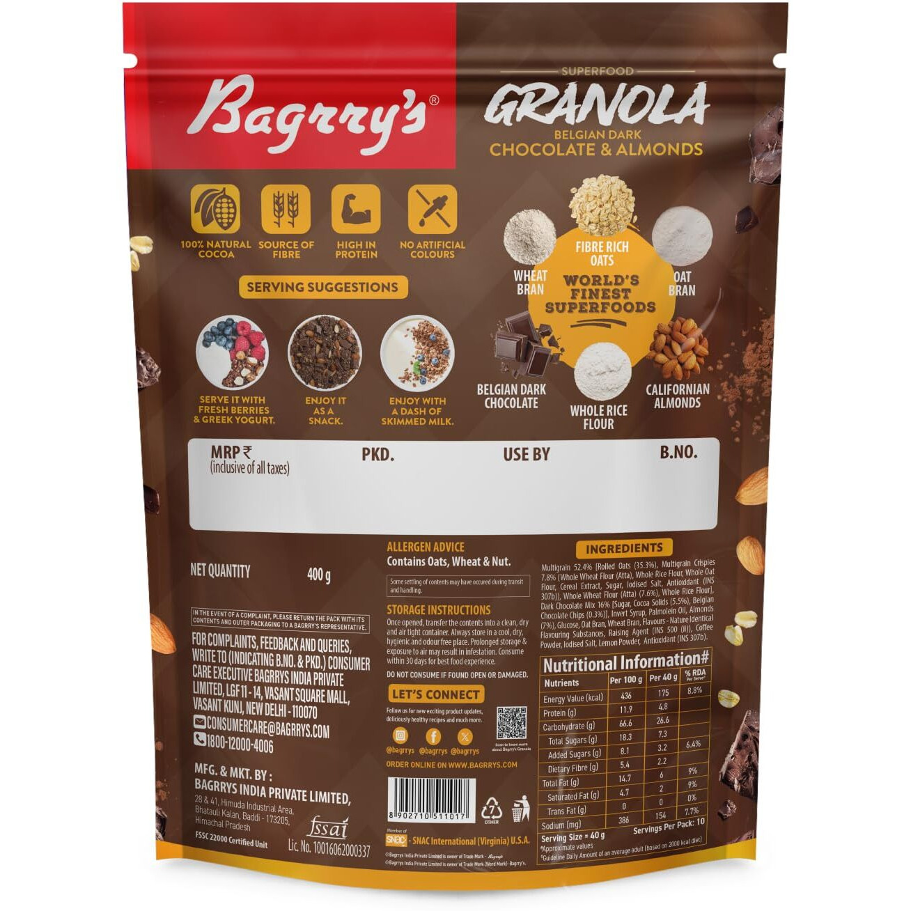 Bagrrys Superfood Granola Belgian Dark Chocolate & Almonds 400gm Pouch|40% Oats & Quinoa Flakes| 100% Natural Cocoa|Vegan & Plant Based|High in Fibre & Protein|Breakfast Cereal|Crunchy Granola