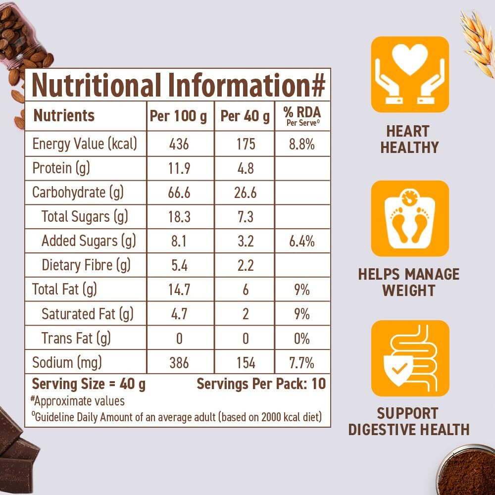 Bagrrys Superfood Granola Belgian Dark Chocolate & Almonds 400gm Pouch|40% Oats & Quinoa Flakes| 100% Natural Cocoa|Vegan & Plant Based|High in Fibre & Protein|Breakfast Cereal|Crunchy Granola