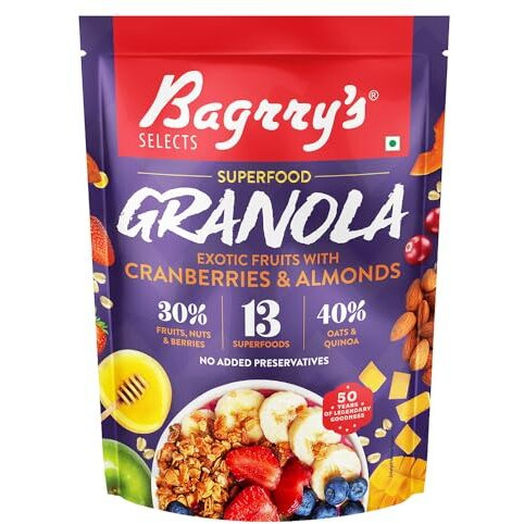 Bagrrys Superfood Granola Exotic Fruits with Cranberries & Almonds 400gm Pouch | 30% Fruit & Nut | 40% Oats & Quinoa | Breakfast Cereals