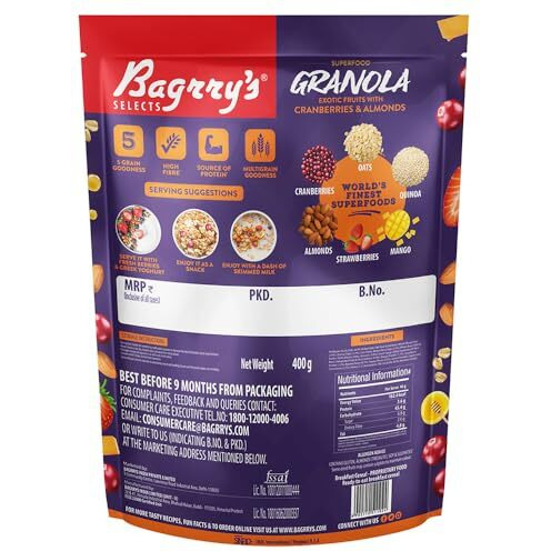 Bagrrys Superfood Granola Exotic Fruits with Cranberries & Almonds 400gm Pouch | 30% Fruit & Nut | 40% Oats & Quinoa | Breakfast Cereals