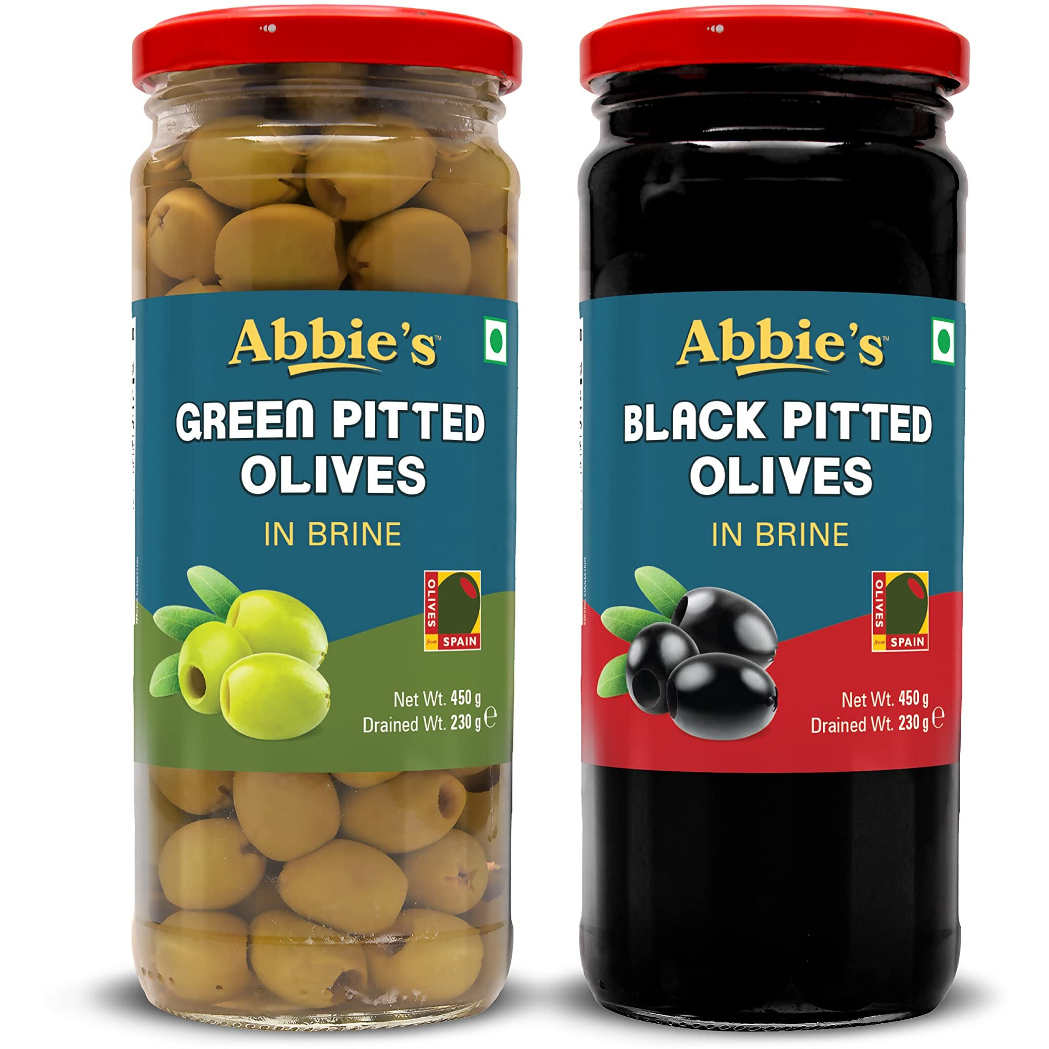 Abbies Black Pitted Olives + Green Pitted Olives 450g, Pack of 1 each