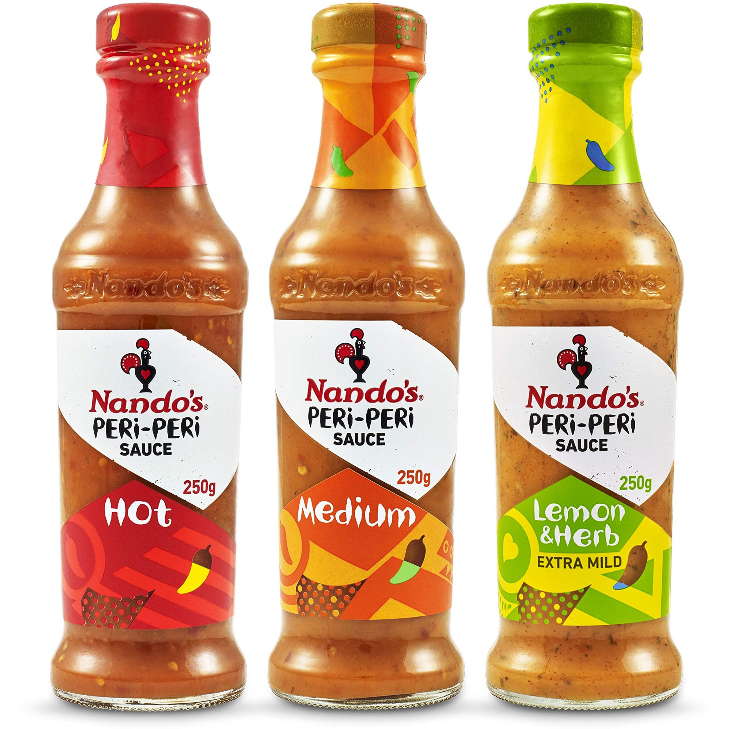 Nandos Peri Peri Chilli Sauce - Hot 250Gm + Medium 250Gm + Lemon & Herb 250Gm, Pack Of 1 Each, Product Of Netherlands