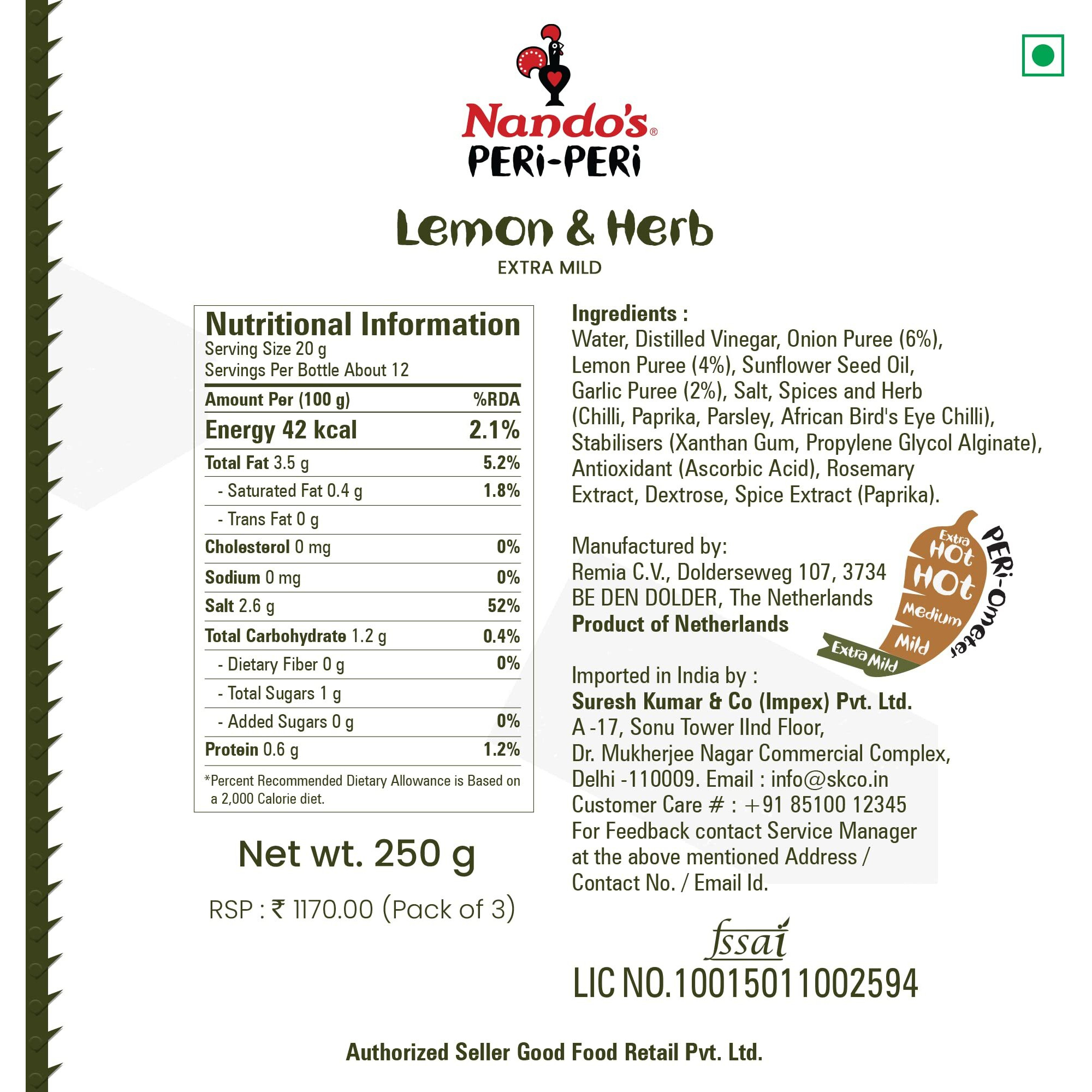 Nandos Peri Peri Chilli Sauce - Hot 250Gm + Medium 250Gm + Lemon & Herb 250Gm, Pack Of 1 Each, Product Of Netherlands