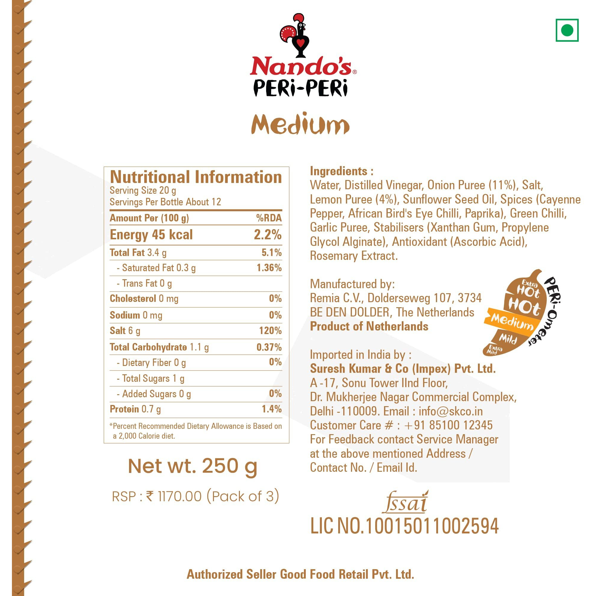 Nandos Peri Peri Chilli Sauce - Hot 250Gm + Medium 250Gm + Lemon & Herb 250Gm, Pack Of 1 Each, Product Of Netherlands