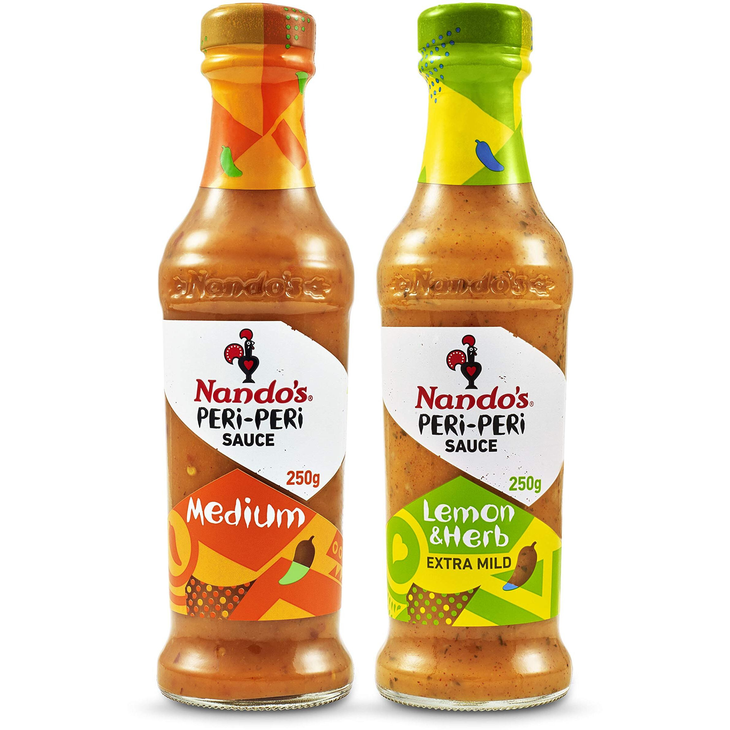 Nandos Peri Peri Chilli Sauce - Medium 250g + Lemon & Herb 250g, Pack of 1 each, Product of Netherlands