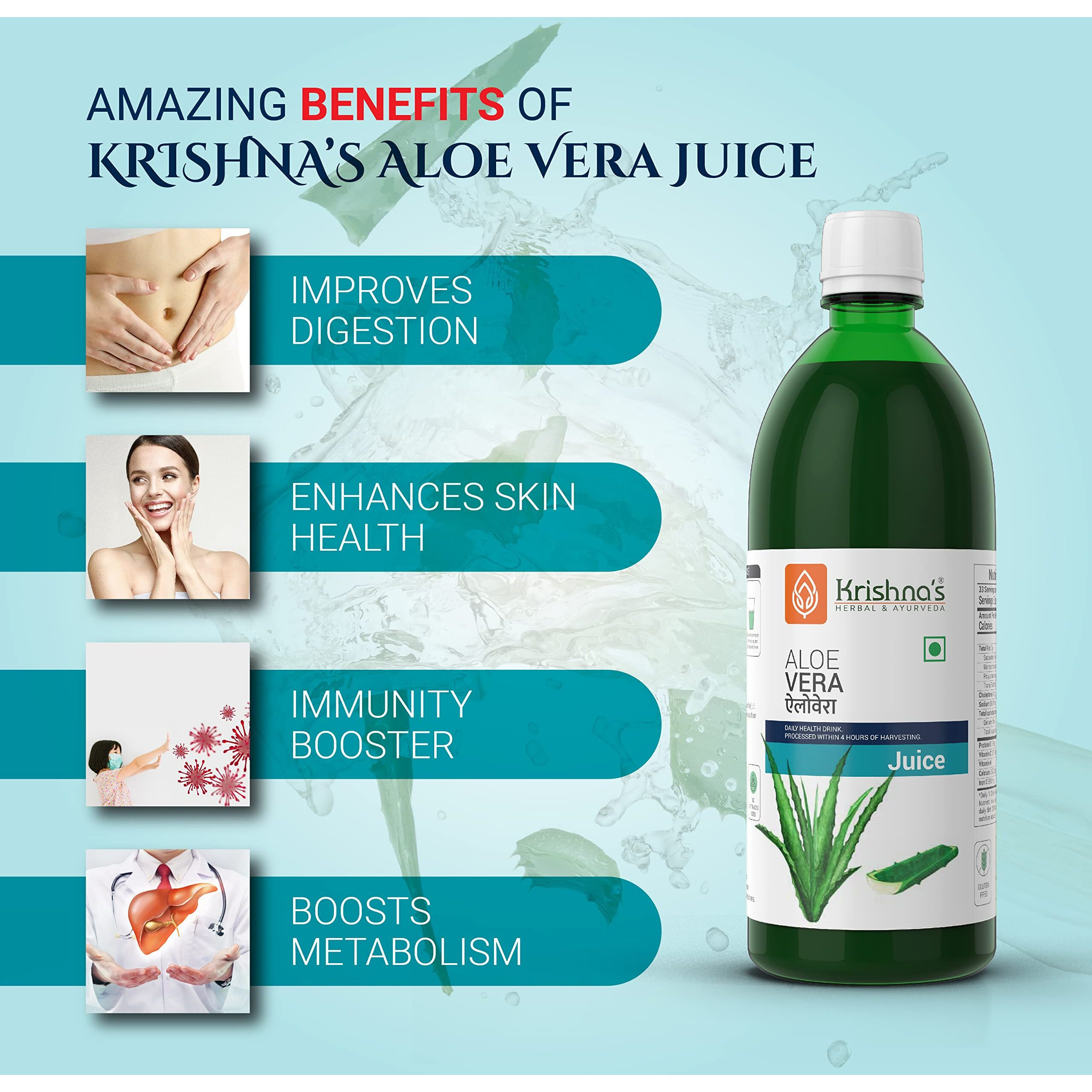 Krishnas Pulpy Aloe Vera Juice - 1000 ml | From Deserts of Rajasthan | Sugar free |Daily Natural Drink | Rejuvenates Skin and Hair