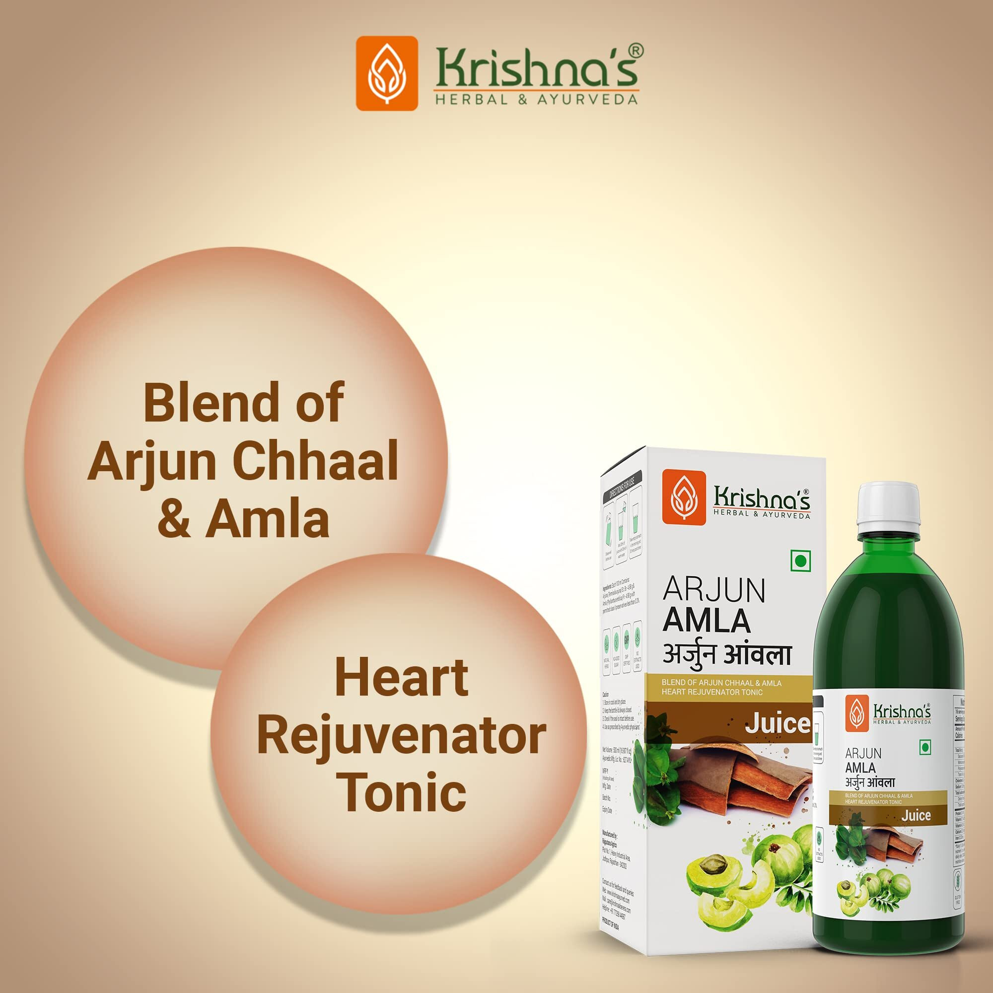 Krishnas Arjun Amla Juice - 500 ml (Pack of 1) | Perfect mix of Amla and Arjuna Chaal | Strong and healthy heart