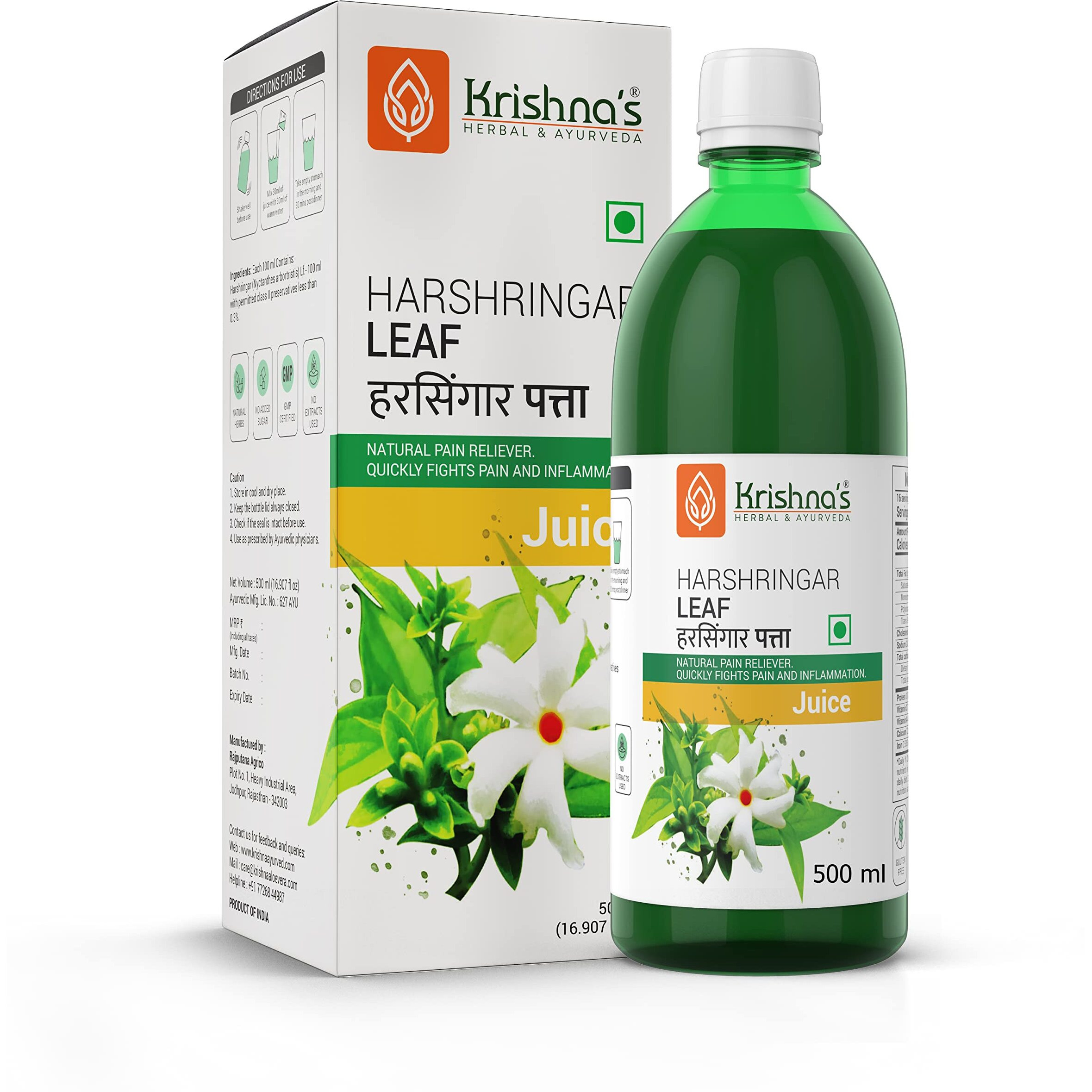 KRISHNAS HERBAL & AYURVEDA Night Jasmine Parijat Harshringar Leaf Juice - 500 Ml | Fresh Harshringar Leaves | Strengthens Muscles And Bones | Natural Pain Reliever