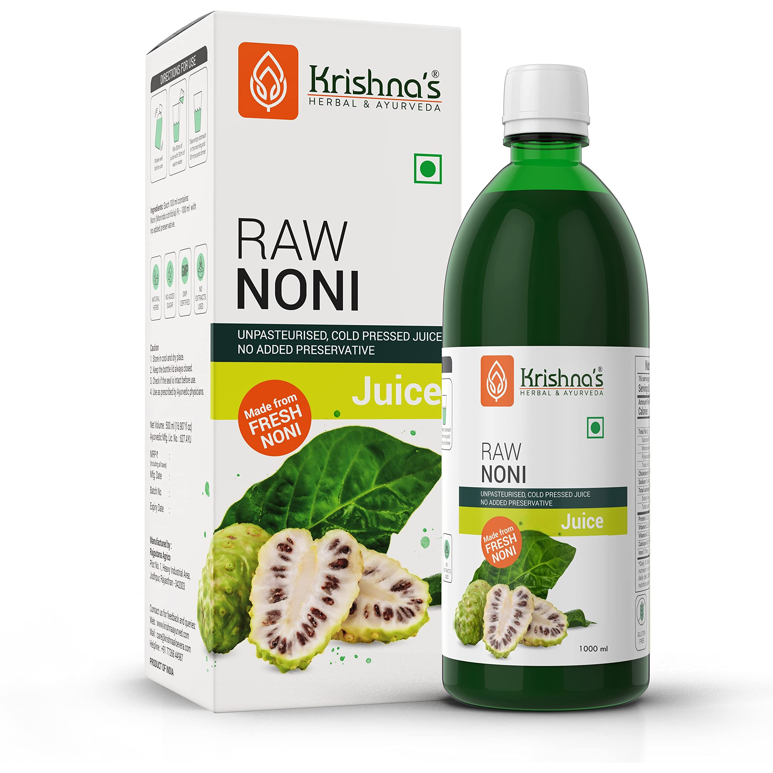 KRISHNAS HERBAL & AYURVEDA Raw Noni Juice-1000 Ml|Preservative Free|No Added Thickener Color Or Flavor|Sugar Free Juice|Enhance Energy|Made With Fresh Noni Fruit (Morinda Citrifolia)