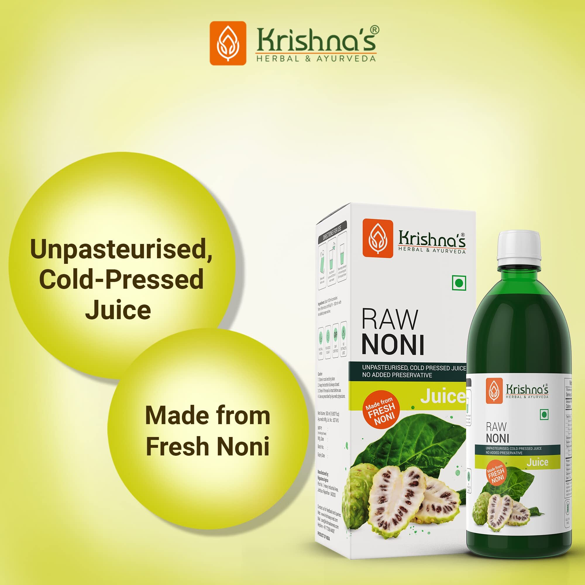 KRISHNAS HERBAL & AYURVEDA Raw Noni Juice-1000 Ml|Preservative Free|No Added Thickener Color Or Flavor|Sugar Free Juice|Enhance Energy|Made With Fresh Noni Fruit (Morinda Citrifolia)