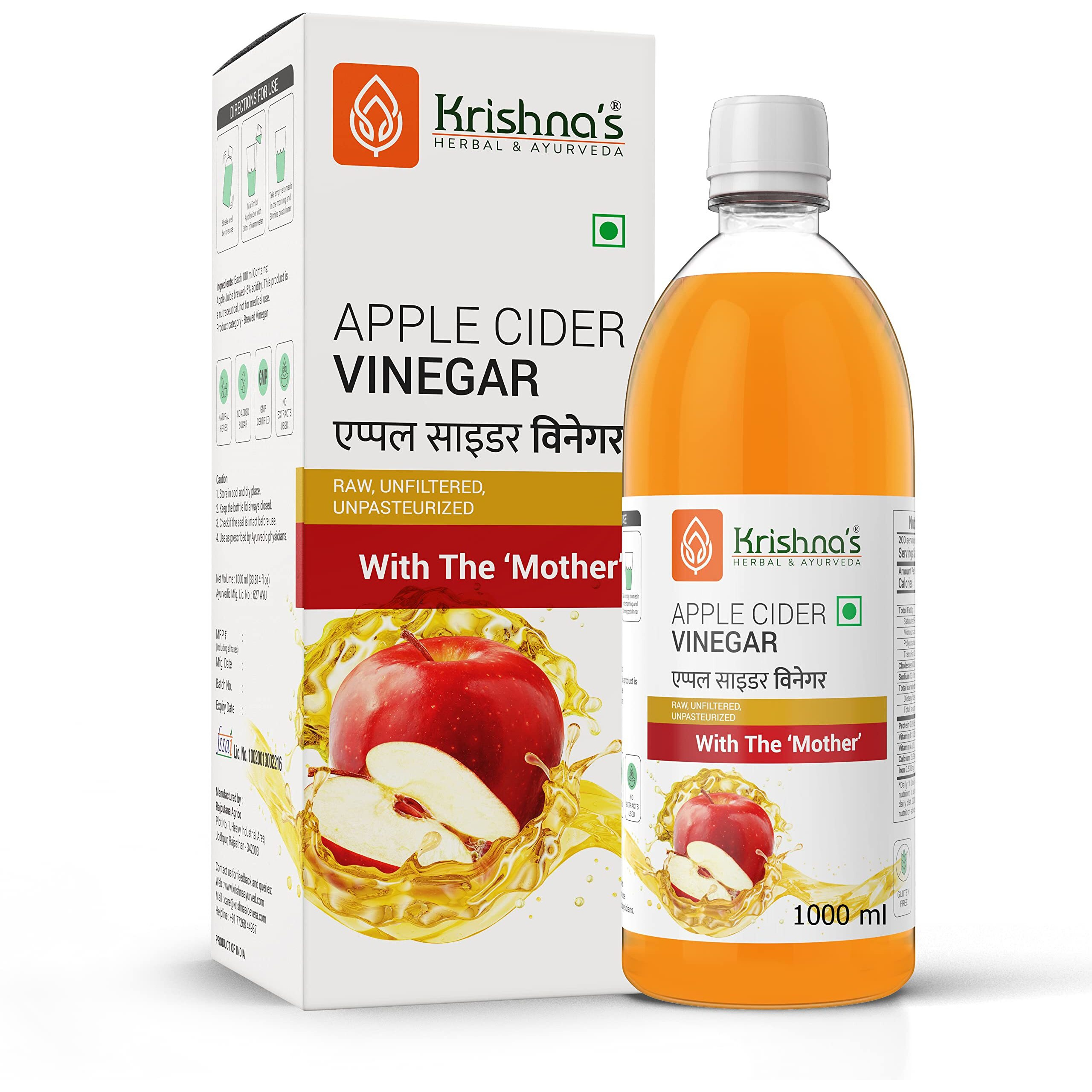 Krishnas Apple Cider Vinegar 1000 ml | Raw, Unfiltered, Unpasteurized | with the Mother