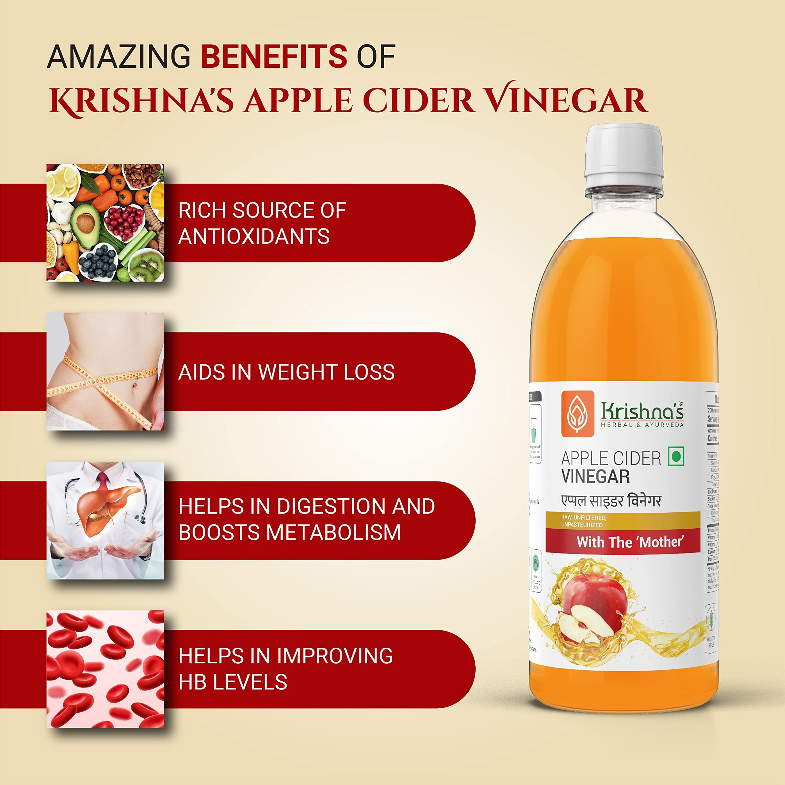 Krishnas Apple Cider Vinegar 1000 ml | Raw, Unfiltered, Unpasteurized | with the Mother