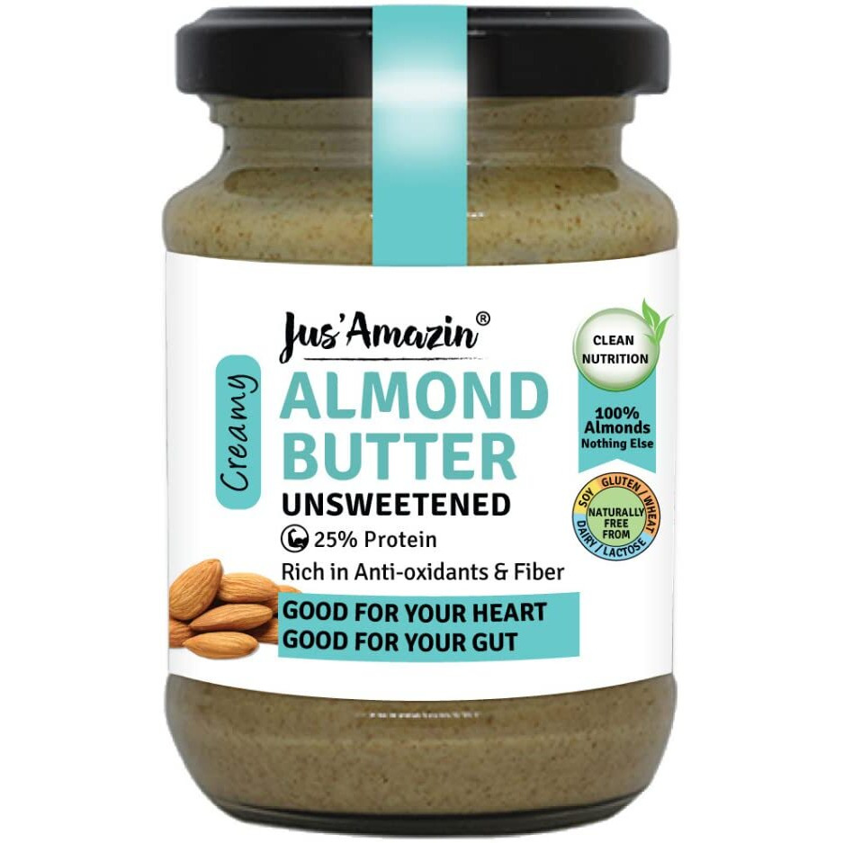 Jus Amazin Creamy Almond Butter - Unsweetened (125 g) | 25% Protein | Only Pure Whole Almonds | Zero Additives / Chemicals | Vegan Butter | Plant Based, Dairy Free, Keto | Clean Nutrition, 0% Chemicals