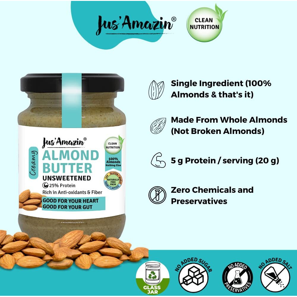 Jus Amazin Creamy Almond Butter - Unsweetened (125 g) | 25% Protein | Only Pure Whole Almonds | Zero Additives / Chemicals | Vegan Butter | Plant Based, Dairy Free, Keto | Clean Nutrition, 0% Chemicals