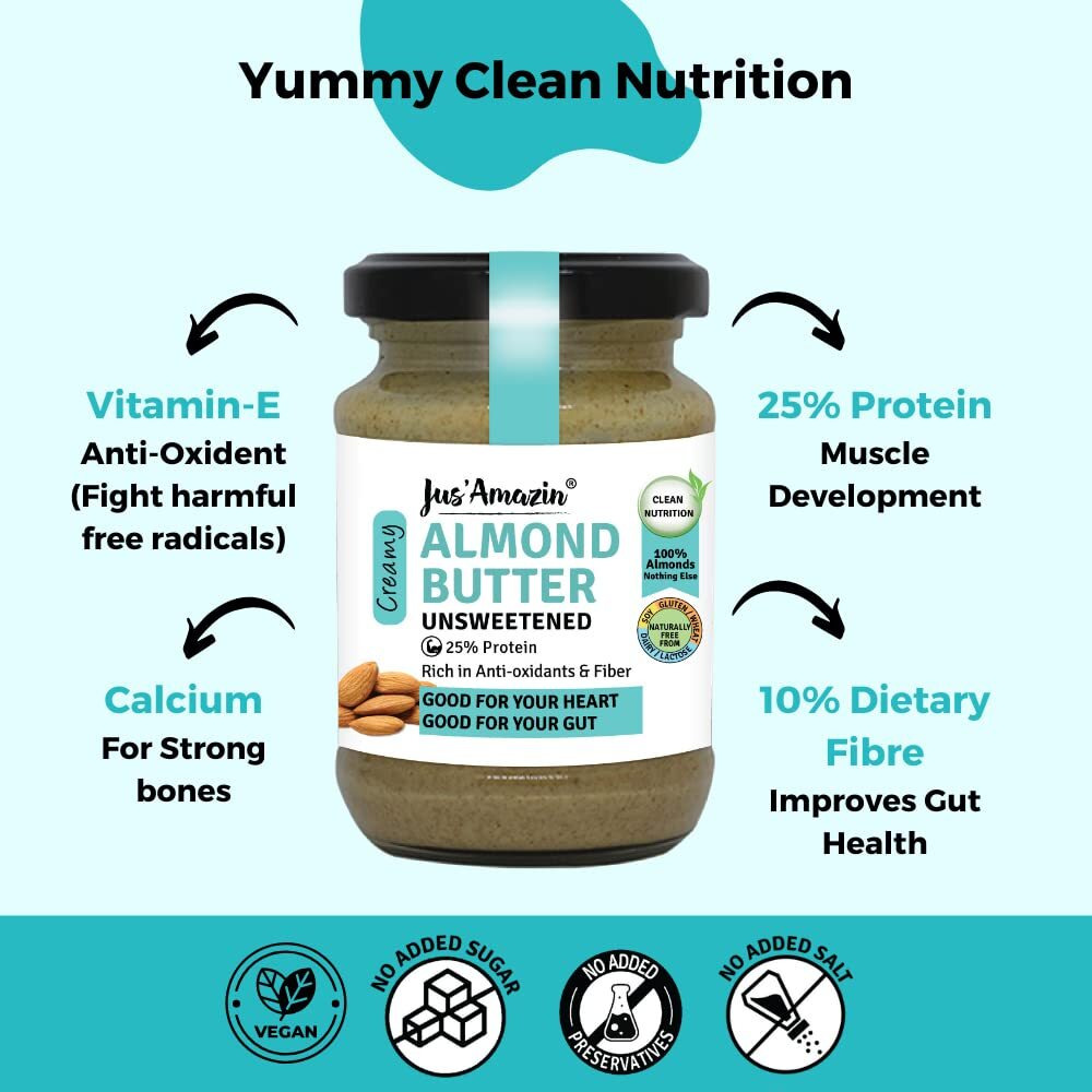 Jus Amazin Creamy Almond Butter - Unsweetened (125 g) | 25% Protein | Only Pure Whole Almonds | Zero Additives / Chemicals | Vegan Butter | Plant Based, Dairy Free, Keto | Clean Nutrition, 0% Chemicals