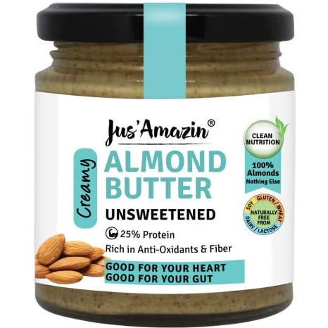 Jus Amazin Creamy Almond Butter - Unsweetened (200 g) | 25% Protein | Only Pure Whole Almonds | Zero Additives / Chemicals | Vegan Butter | Plant Based, Dairy Free, Keto | Clean Nutrition, 0% Chemicals