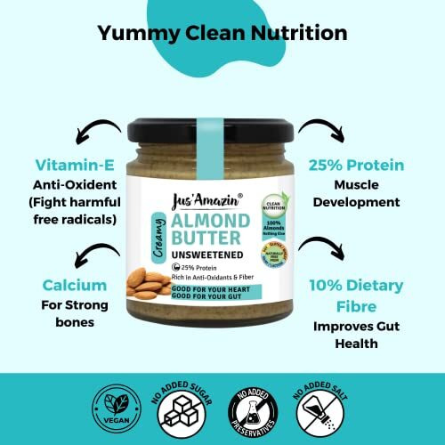 Jus Amazin Creamy Almond Butter - Unsweetened (200 g) | 25% Protein | Only Pure Whole Almonds | Zero Additives / Chemicals | Vegan Butter | Plant Based, Dairy Free, Keto | Clean Nutrition, 0% Chemicals