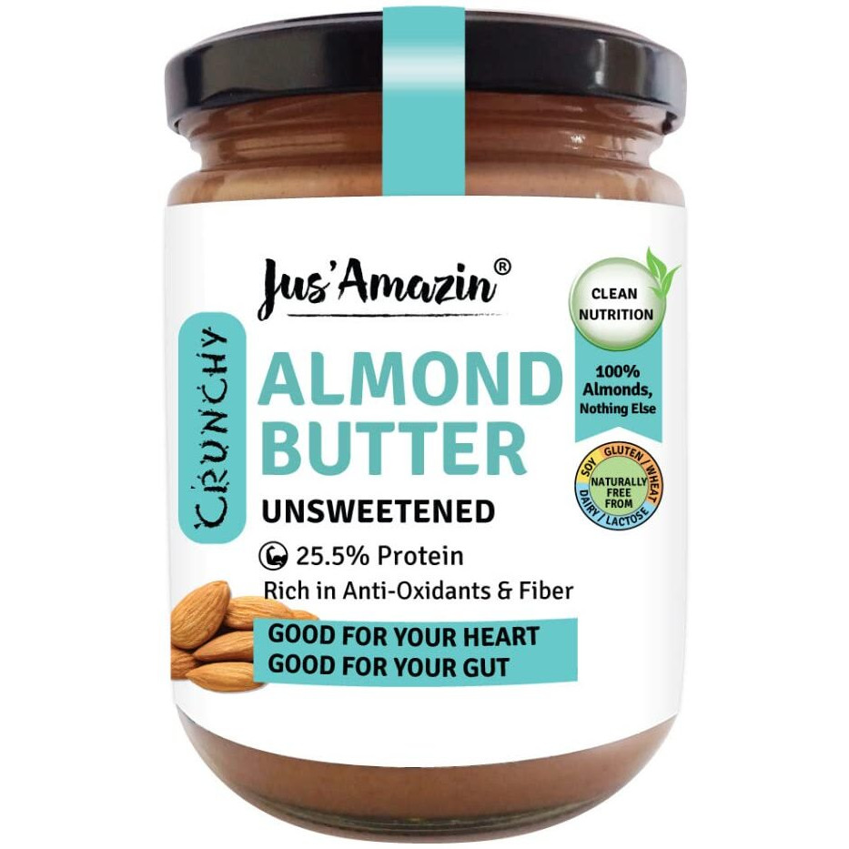 Jus Amazin Crunchy Almond Butter - Unsweetened (500 Gm)|25% Protein|Whole Almonds (100% Pure)|Zero Additives|100% Natural|Vegan|Dairy Free|Keto|Plant Based Nutrition|Clean Nutrition