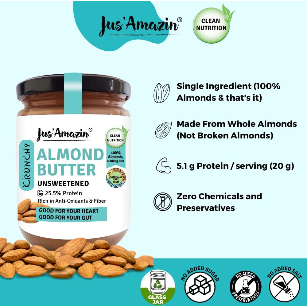 Jus Amazin Crunchy Almond Butter - Unsweetened (500 Gm)|25% Protein|Whole Almonds (100% Pure)|Zero Additives|100% Natural|Vegan|Dairy Free|Keto|Plant Based Nutrition|Clean Nutrition
